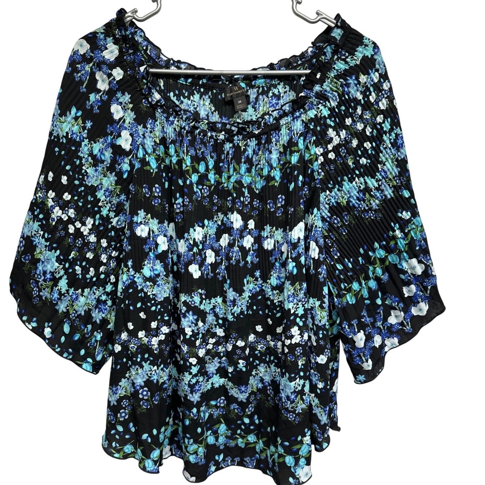 Worthington Women Crinkle Smocked Black Floral Print Blouse Size Medium Peasant